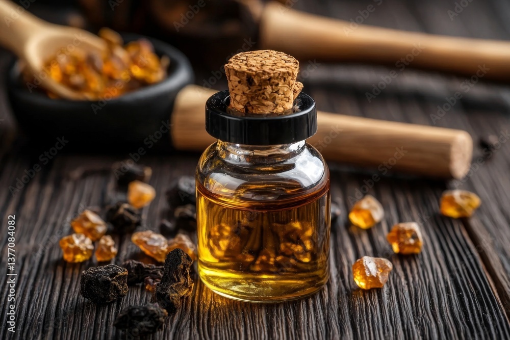 Myrrh resin and essential oil captured in a rustic wooden setting. Myrrh resin and essential oil captured in a rustic wooden setting.