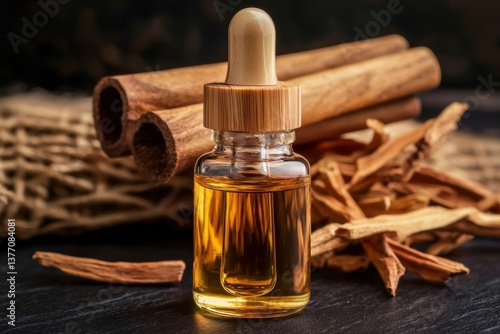 Essential oil bottle featuring aromatic sandalwood wood.