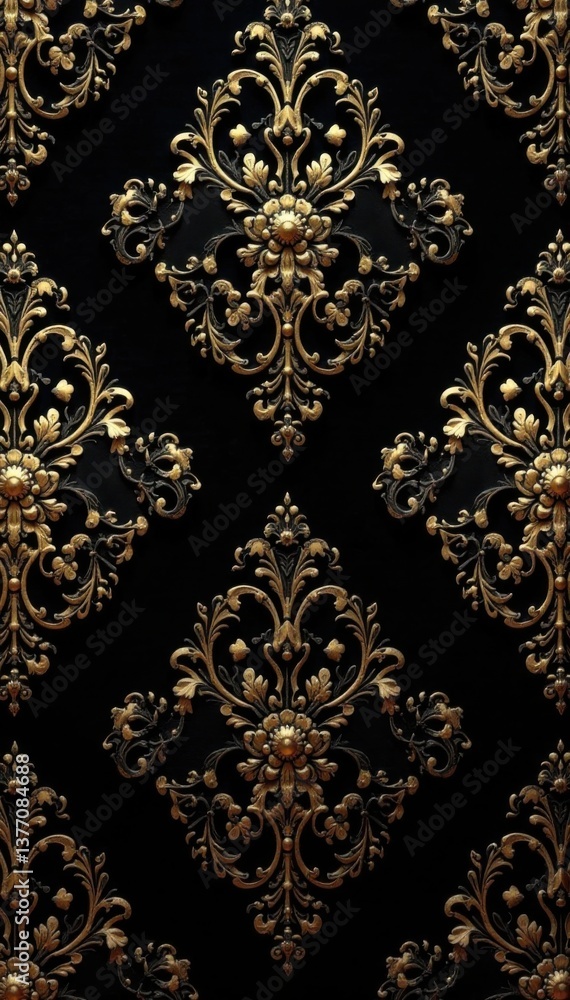 Black and gold damask pattern with subtle sheen and intricate geometric motifs , pattern, black Black and gold damask pattern with subtle sheen and intricate geometric motifs , pattern, black