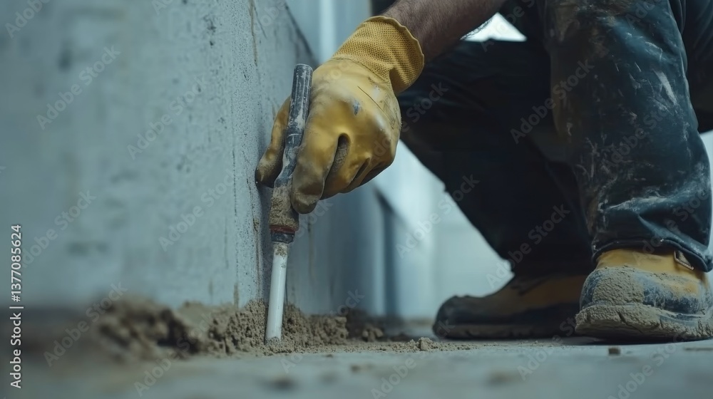 A construction worker sealing cracks in the foundation with caulk. Featuring focus and care A construction worker sealing cracks in the foundation with caulk. Featuring focus and care