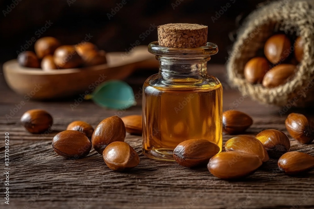 Natural Argan Oil Displayed with Raw Argan Nuts Natural Argan Oil Displayed with Raw Argan Nuts