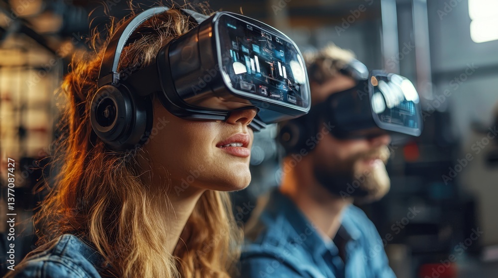 A woman and a man are engaged in virtual reality experiences, wearing headsets and headphones, immersed in a digital environment. A woman and a man are engaged in virtual reality experiences, wearing headsets and headphones, immersed in a digital environment.