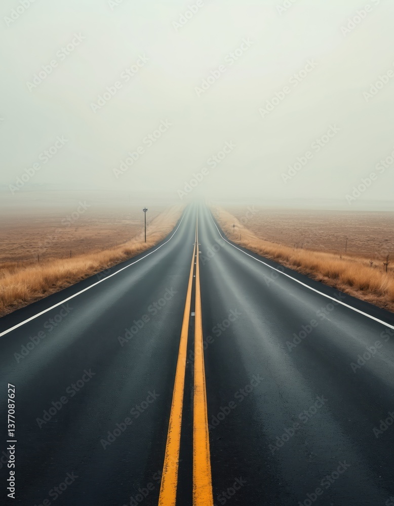 Fototapeta premium Endless asphalt road stretches to horizon. Concept new beginnings travel, opportunity. Empty highway leads into fog, limitless potential, journey, freedom. Perfect for travel blogs, adventure,