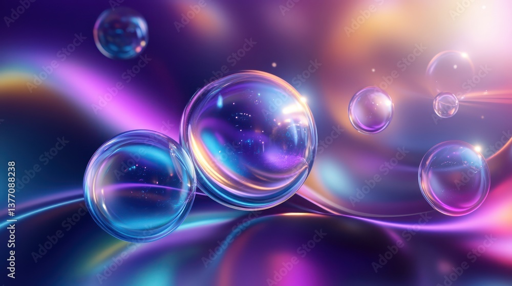 Iridescent spheres float on vibrant, abstract background; digital art, website banner