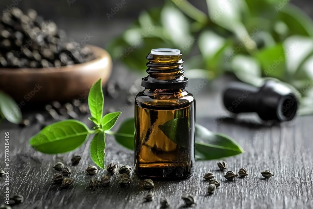 The warm ambiance of a wooden table featuring petitgrain extract essential oil and tools. The warm ambiance of a wooden table featuring petitgrain extract essential oil and tools.