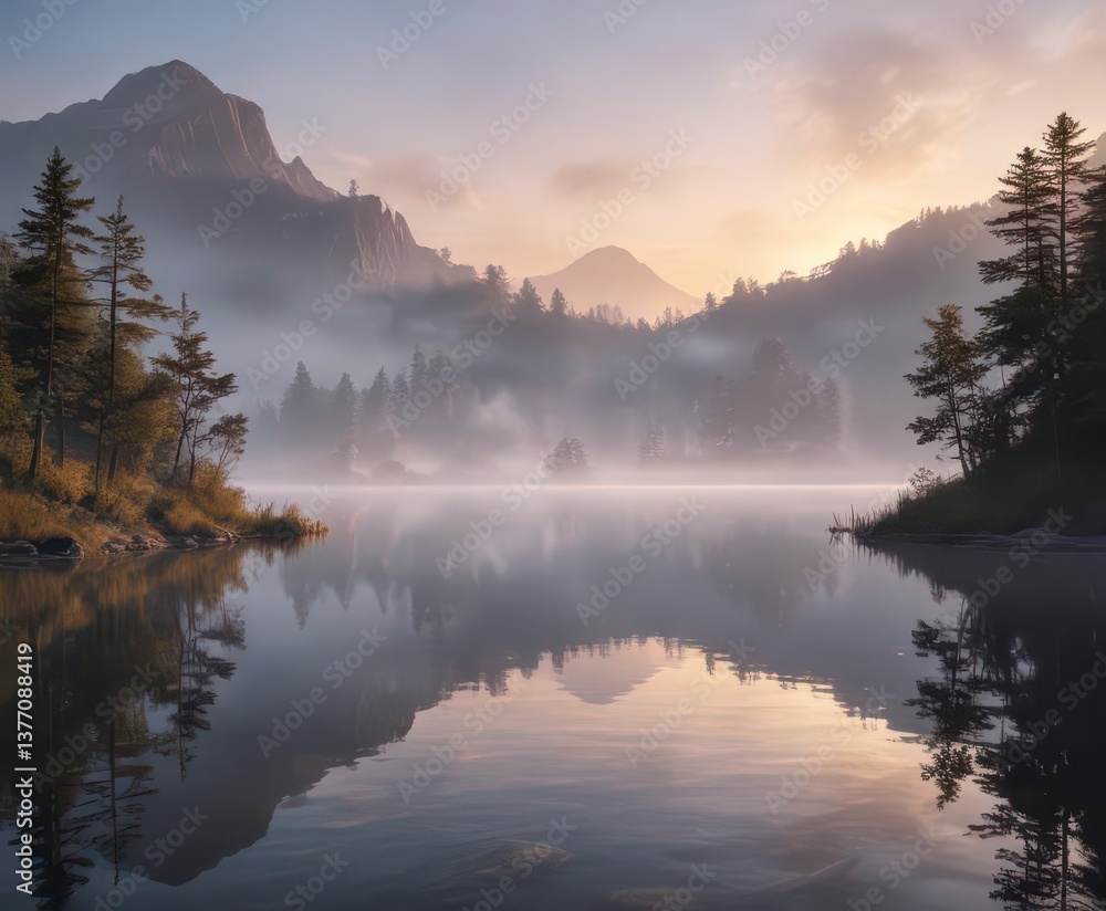 Fototapeta premium Softly glowing mist rises from a serene lake at dawn, peaceful morning, nature sounds, watercolor texture set