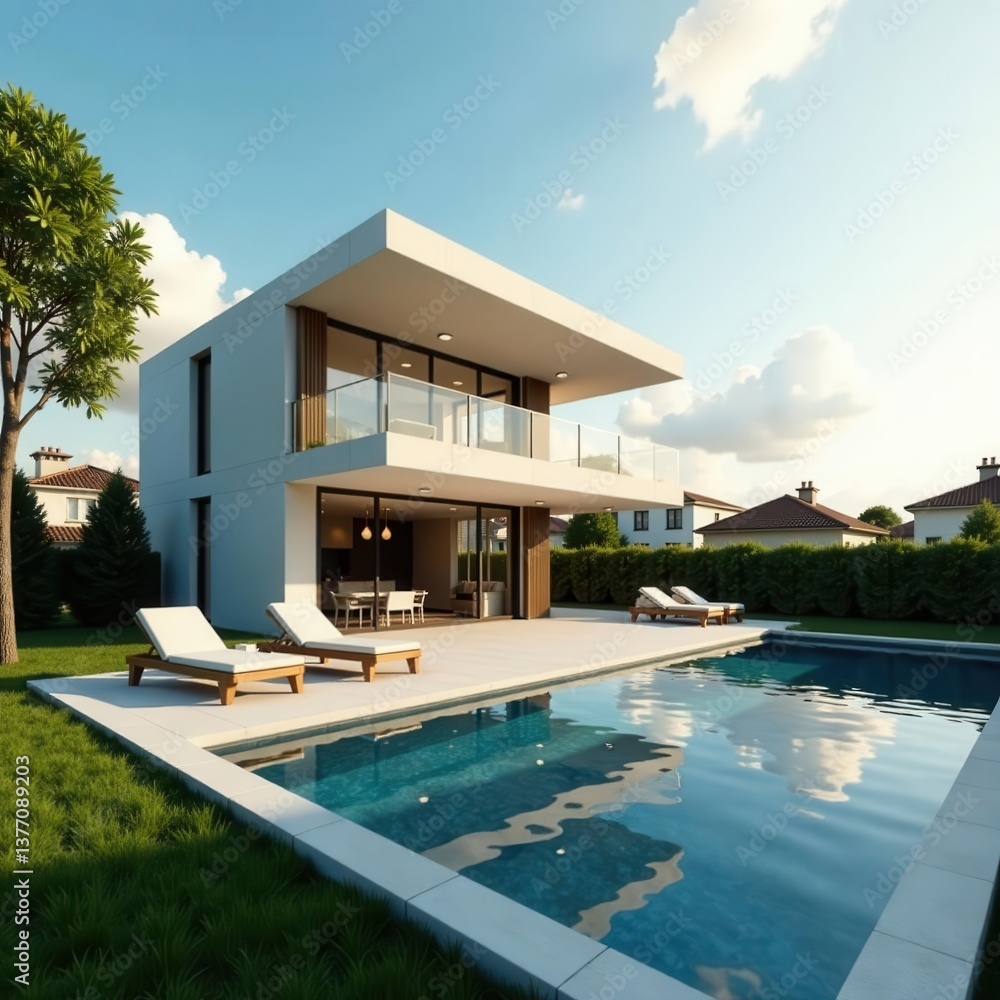 Fototapeta premium Modern solar house, pool, tranquil suburb, sunlit , living, swimming, serene