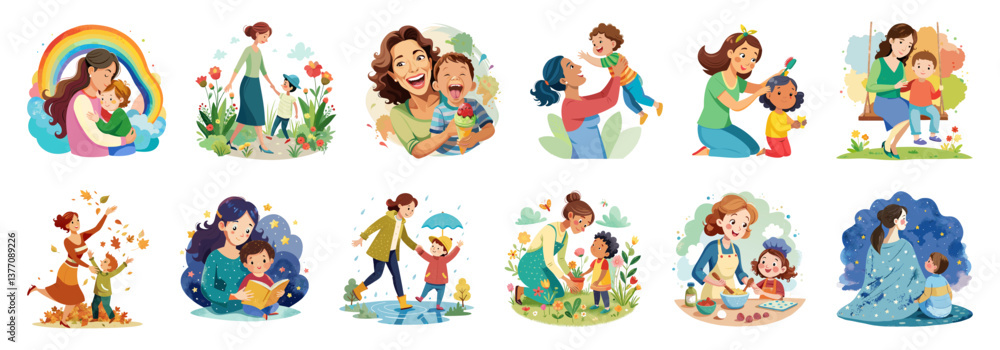 Naklejka premium A collection of small illustrations depicting mothers and children in various scenes and activities.
