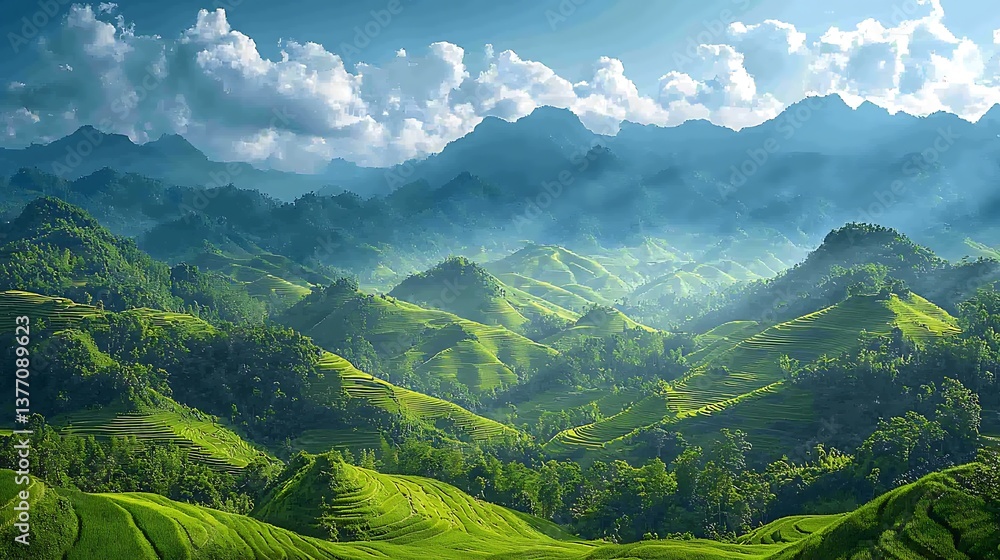 Naklejka premium Lush green terraced rice fields and mountains under a vibrant sky.
