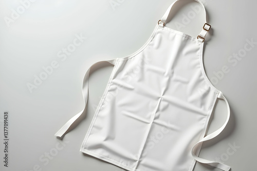 Close-up of pristine white chef's apron emphasizing cleanliness and readiness for culinary creations against a soft, neutral setting perfect for mockups