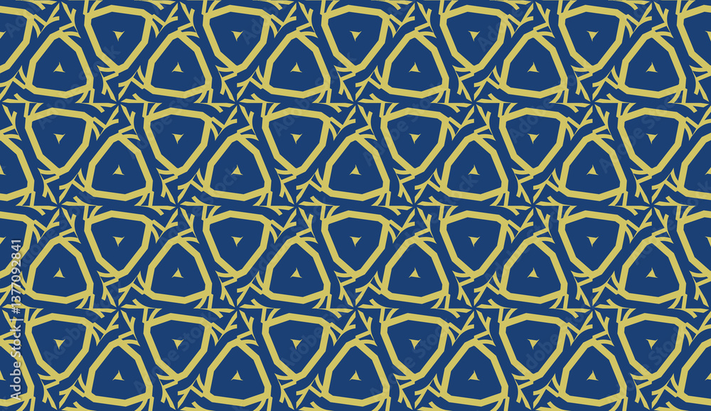 Vector seamless geometric pattern. Triangles curved line. For wallpaper, presentation background, interior design, fashion print. Blue, dark yellow color Vector seamless geometric pattern. Triangles curved line. For wallpaper, presentation background, interior design, fashion print. Blue, dark yellow color