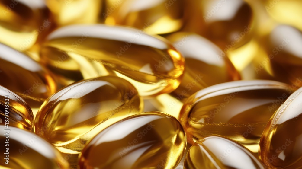 Golden oil capsules, close-up, scattered, reflective surface, health supplement Golden oil capsules, close-up, scattered, reflective surface, health supplement