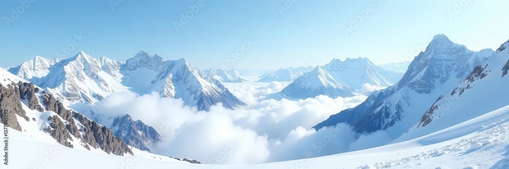 Majestic snow-covered peaks, vast white expanse, summit, elevation, serene Majestic snow-covered peaks, vast white expanse, summit, elevation, serene
