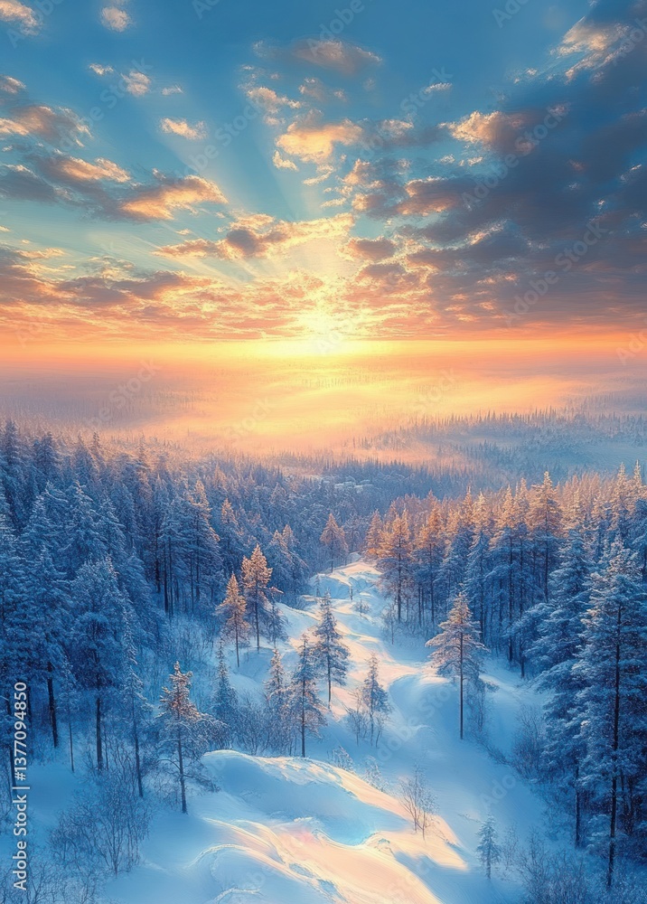 Fototapeta premium Winter Forest Sunrise Over Snowy Landscape