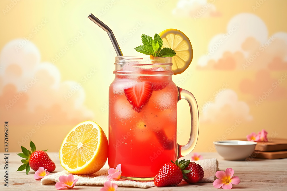 Delicious and Refreshing Iced Strawberry Lemonade, A Vibrant Summer Drink with Fresh Strawberries, Lemon Slices, and a Metal Straw on a Sunny Day