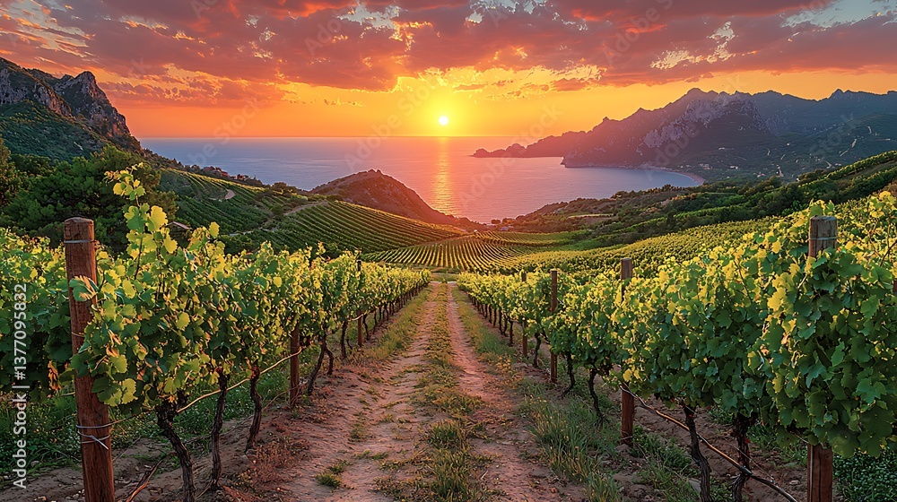 Fototapeta premium Sunset over coastal vineyard.