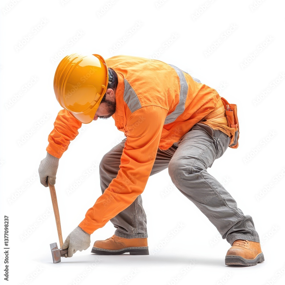 Construction worker hammering nail at construction site high-quality isolated image indoor environment close-up view Construction worker hammering nail at construction site high-quality isolated image indoor environment close-up view