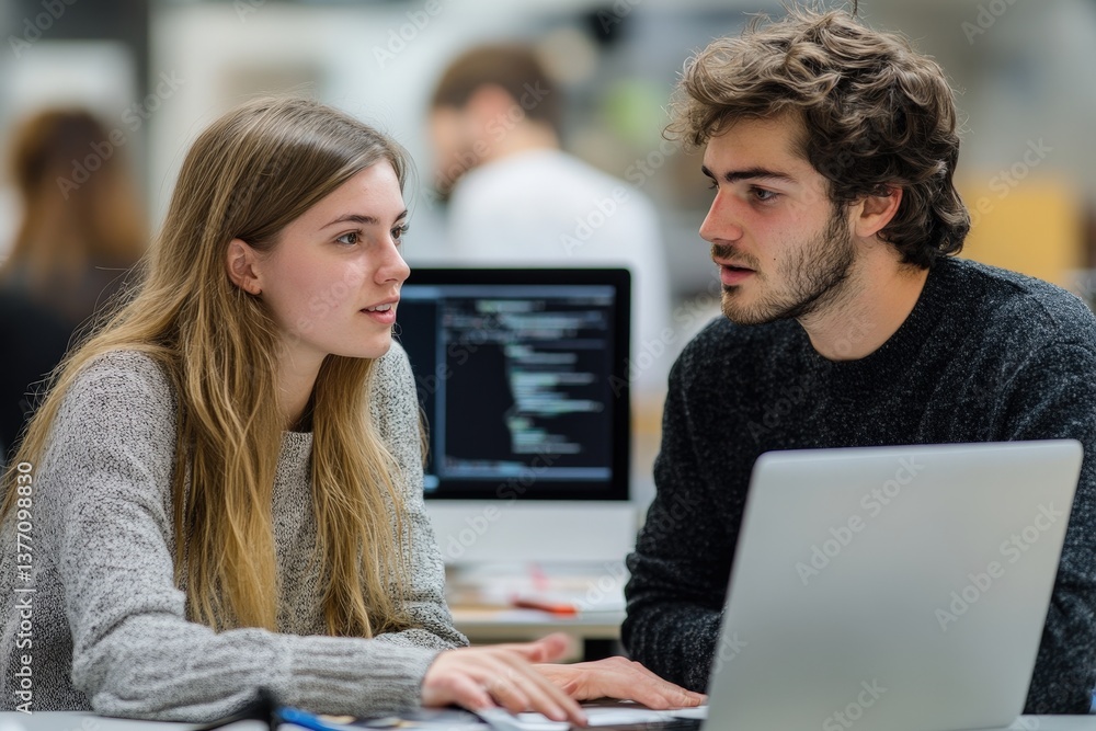 Young woman and man collaborating with laptops in tech office environment. Young woman and man collaborating with laptops in tech office environment.