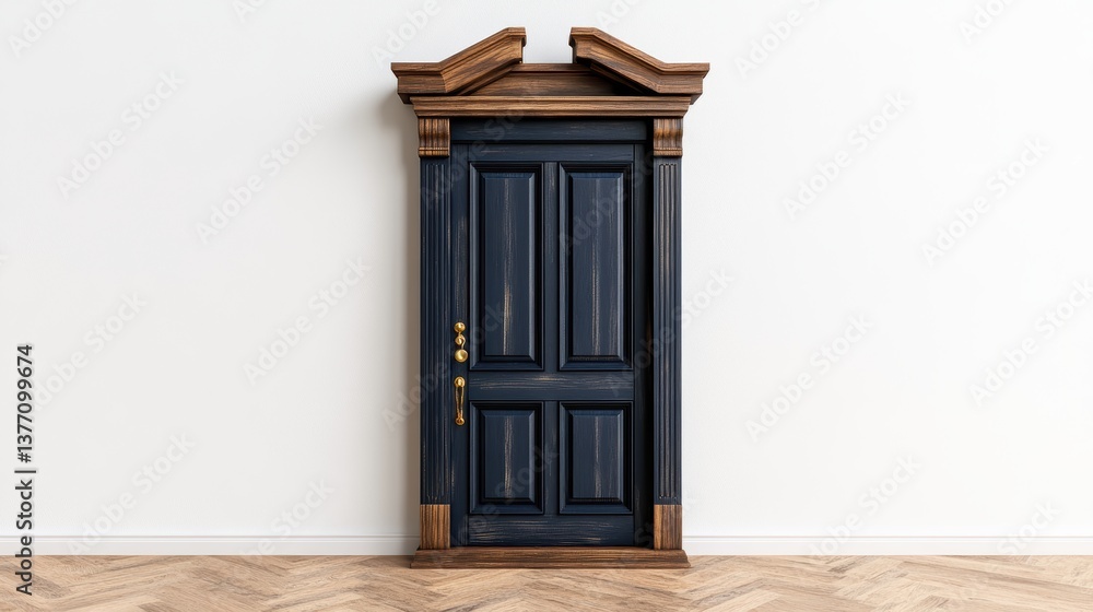 Obraz premium A beautifully designed dark blue paneled door with dark wood frame and decorative crown molding against a bright white wall and light brown floo