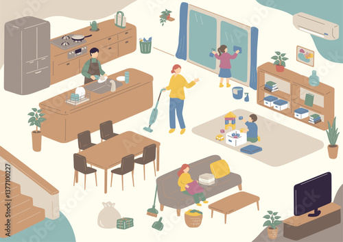 部屋の掃除をする人達