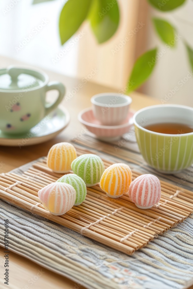 Colorful sweets & tea on bamboo mat Colorful sweets & tea on bamboo mat