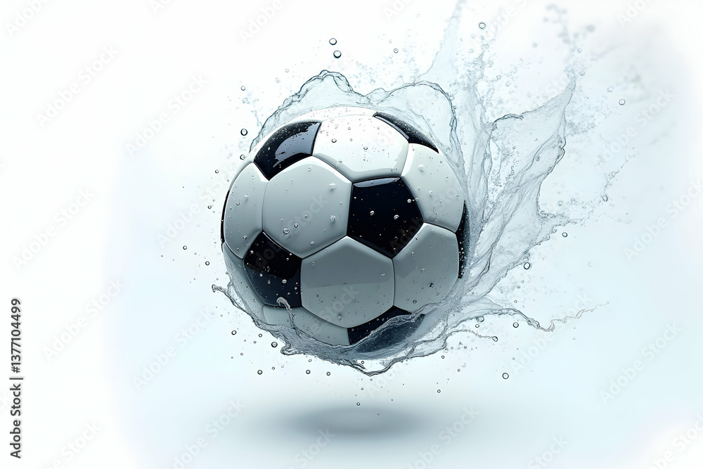 Fototapeta premium Dynamic Motion, A Soccer Ball Suspended in a Burst of Water, Illustrating Action, Energy, and Precision in Sport, Perfect for Advertising and Design
