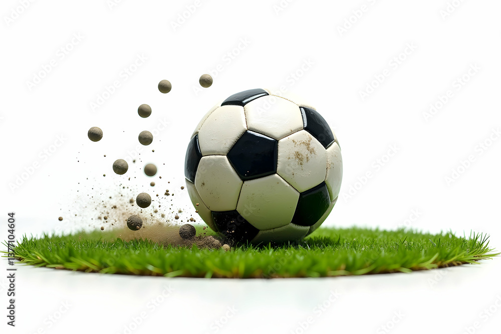 Fototapeta premium Dynamic Soccer Ball Impact on Grass with Dirt Particles Creating a Visual Effect of Force and Motion in High Contrast Setting on a Clean Backdrop
