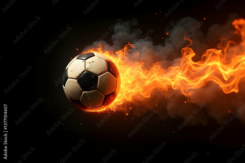 Naklejka premium Dynamic Soccer Ball on Fire, A Vintage Style Image with Vibrant Flames and Smoke for Sports and Game Enthusiasts, Ideal for Action and Energy Themes