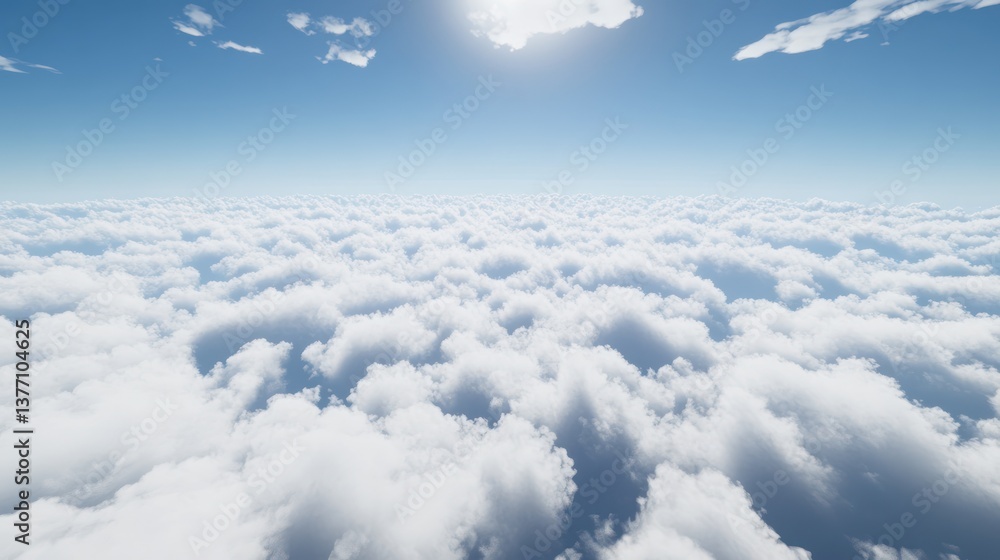 Fototapeta premium Above cloudscape, sunny sky, aerial view, flight, travel background