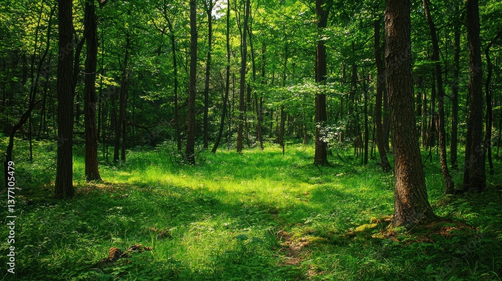 Fototapeta premium Serene Summer Forest: A Tranquil Escape into Nature's Embrace