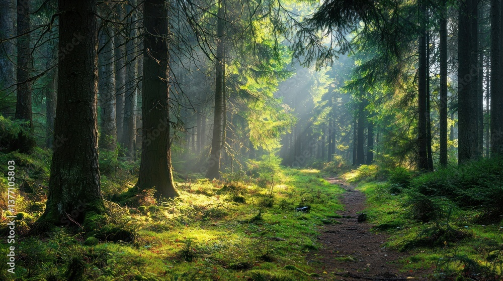 Naklejka premium Sunbeams in a Mystical Forest