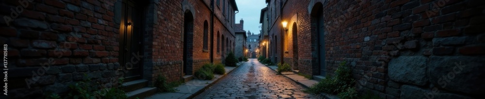 Dark alleysway lined with old bricks, overcast sky, crumbling mortar , atmosphere, urban, mood Dark alleysway lined with old bricks, overcast sky, crumbling mortar , atmosphere, urban, mood