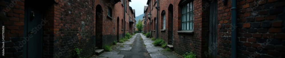 Dark alleysway lined with old bricks, overcast sky, crumbling mortar , atmosphere, texture Dark alleysway lined with old bricks, overcast sky, crumbling mortar , atmosphere, texture