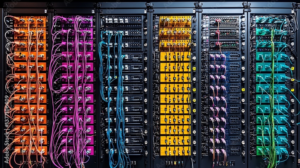 Colorful server racks with cables Colorful server racks with cables