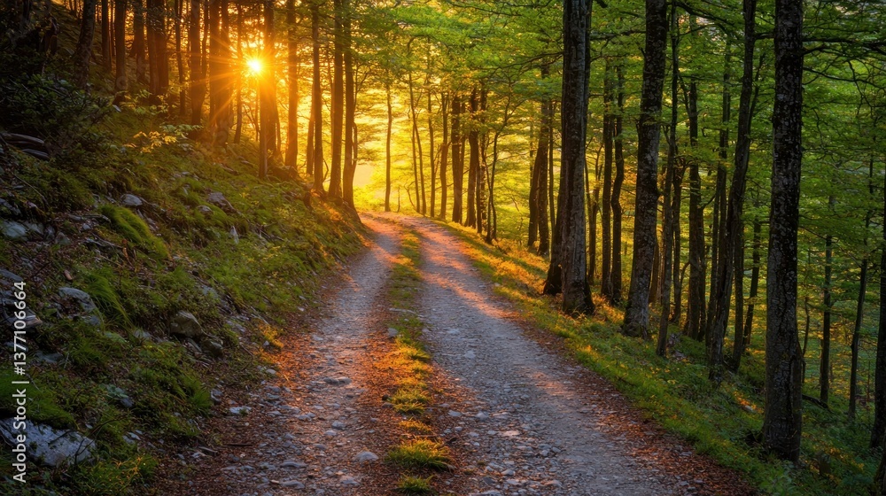 Obraz premium Golden Hour Forest Path: A Serene Sunset Walk
