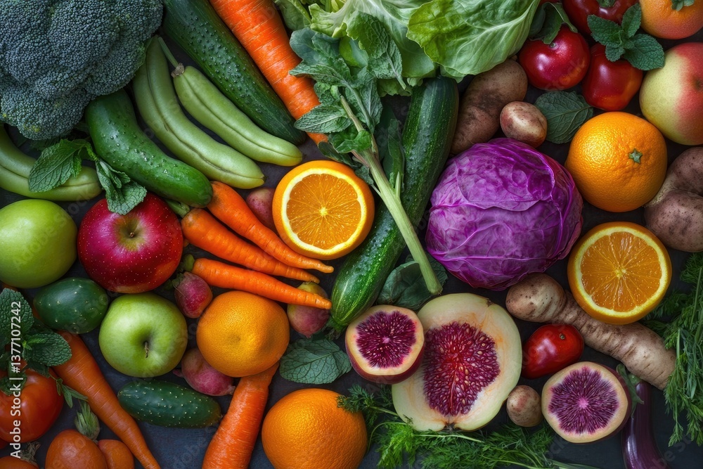 Vibrant array of fresh fruits and vegetables. A colorful assortment of produce, healthy and nutritious Vibrant array of fresh fruits and vegetables. A colorful assortment of produce, healthy and nutritious