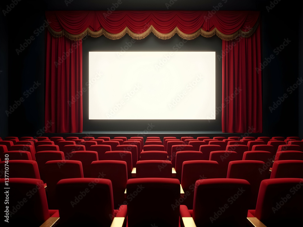 Fototapeta premium Elegant cinema hall with rows of red plush seats facing a bright screen, framed by luxurious red curtains, evokes classic movie theater nostalgia and anticipation