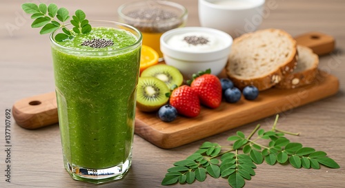 Healthy Green Smoothie with Fruits and Seeds, Perfect for a Healthy Breakfast