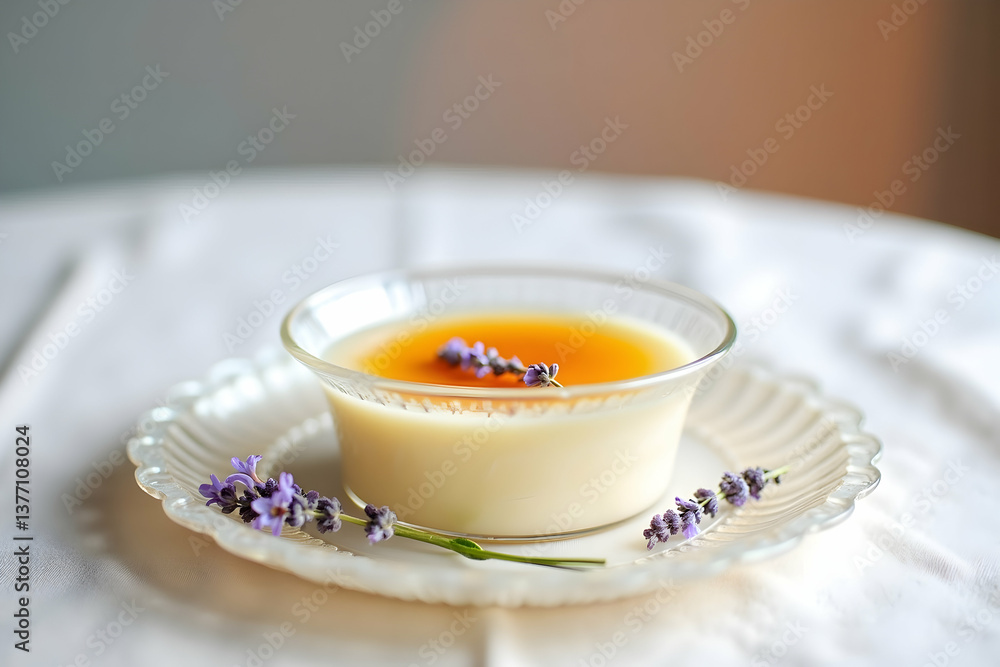 Elegant dessert presentation featuring a creamy pudding with a delicate layer of amber topping, garnished with fresh lavender sprigs on ornate glassware Elegant dessert presentation featuring a creamy pudding with a delicate layer of amber topping, garnished with fresh lavender sprigs on ornate glassware