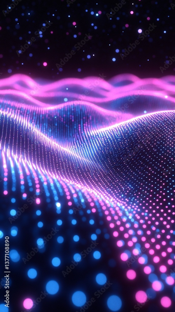 A mesmerizing display of vibrant pink and blue light particles forming undulating A mesmerizing display of vibrant pink and blue light particles forming undulating