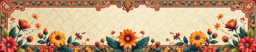 Dated floral motifs and geometric shapes in muted colors on ornate background, wallpaper, design Dated floral motifs and geometric shapes in muted colors on ornate background, wallpaper, design