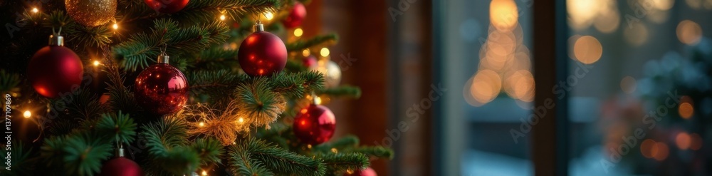 Decorated Christmas tree with lights, ornaments, and garland, winter, bows Decorated Christmas tree with lights, ornaments, and garland, winter, bows