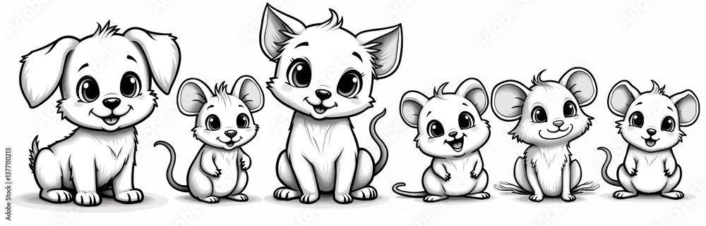 Obraz premium Black and white outline illustration of adorable pets. Dog puppy, kitten, mouse, hamster and fish. Simple drawing for coloring books. Children cartoon animals isolated on white.