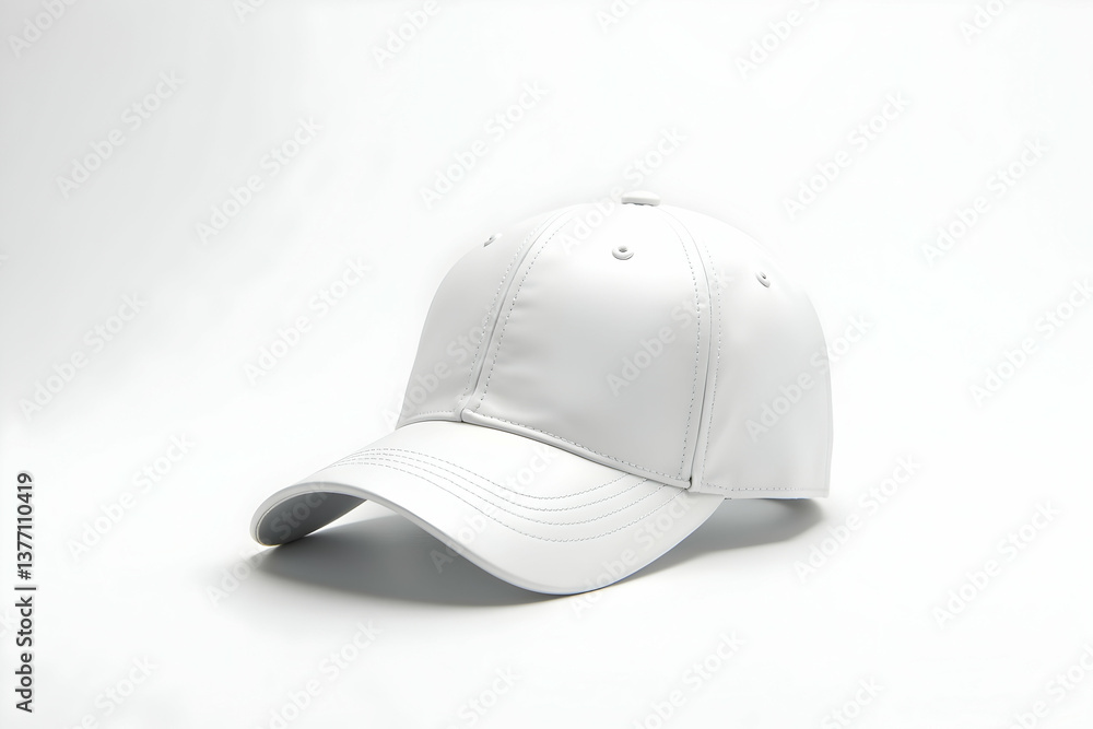 Obraz premium Elegant minimalistic studio shot showcasing a pristine white baseball cap, highlighting its sleek design and smooth texture against a clean background for a modern aesthetic