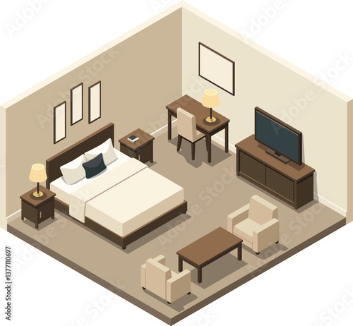 Isometric hotel room interior with TV and coffee table