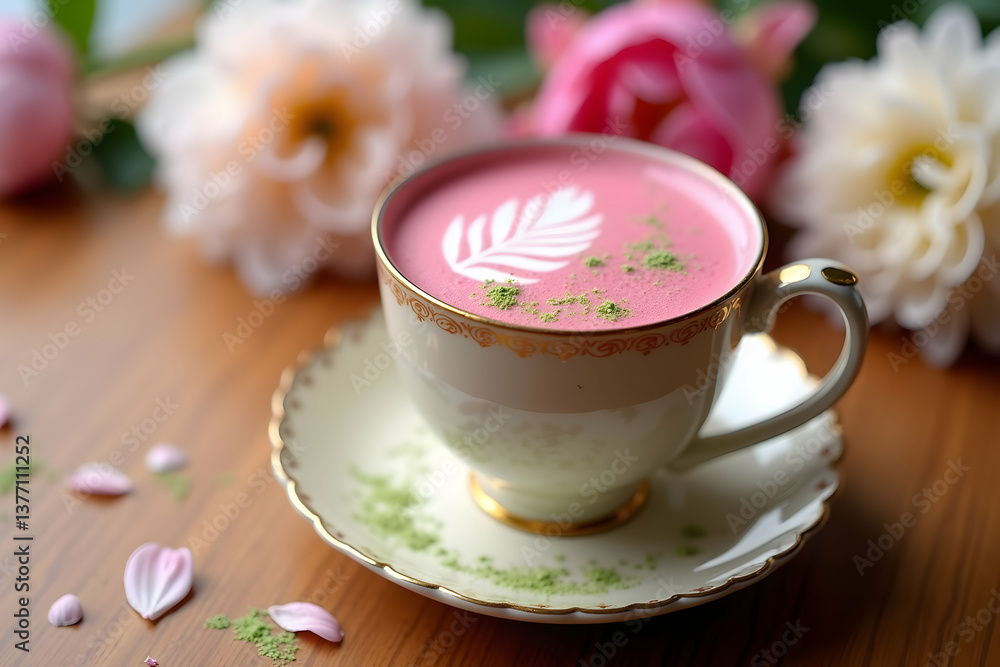 Elegant pink latte art with floral accents, A dreamy shallow depth of field captures the vibrant colors and delicate details of this beautiful beverage Elegant pink latte art with floral accents, A dreamy shallow depth of field captures the vibrant colors and delicate details of this beautiful beverage