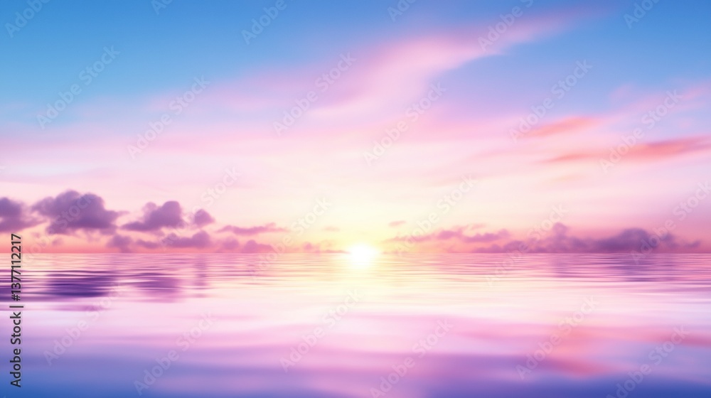Fototapeta premium A serene sunset over calm waters, with soft pink and blue hues reflecting peaceful tranquility.