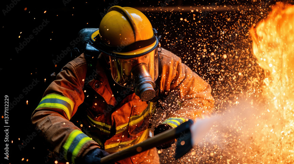 Fototapeta premium firefighter in protective gear battles fierce blaze, showcasing bravery and determination amidst flying sparks