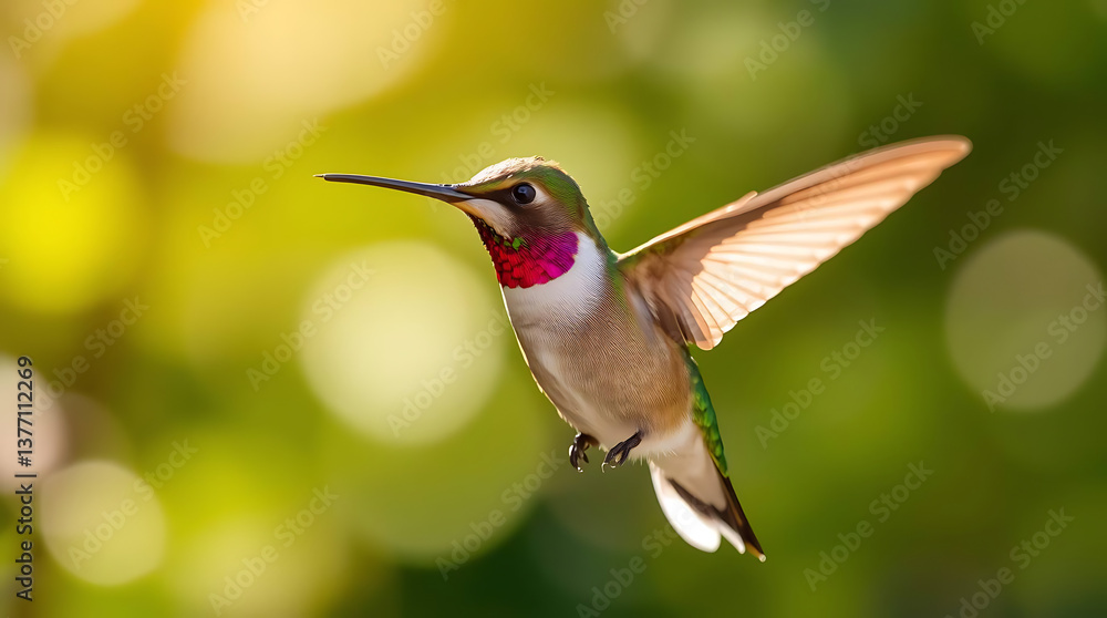 Naklejka premium Flying hummingbird in sunlight