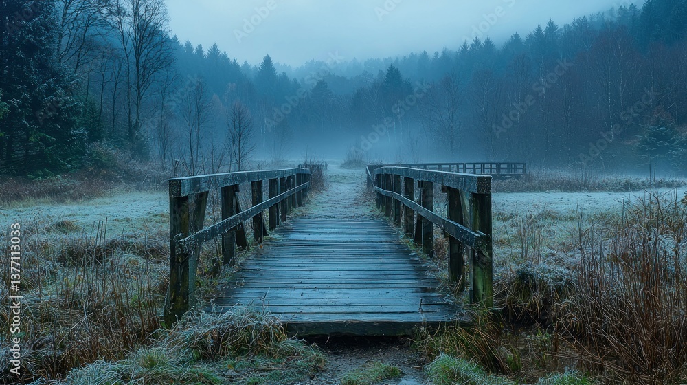 Naklejka premium Misty Morning Bridge Across Frozen Marsh